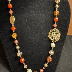 Boho Glamorous Aurora Borealis, Goldtone and Pearl Beaded Necklace